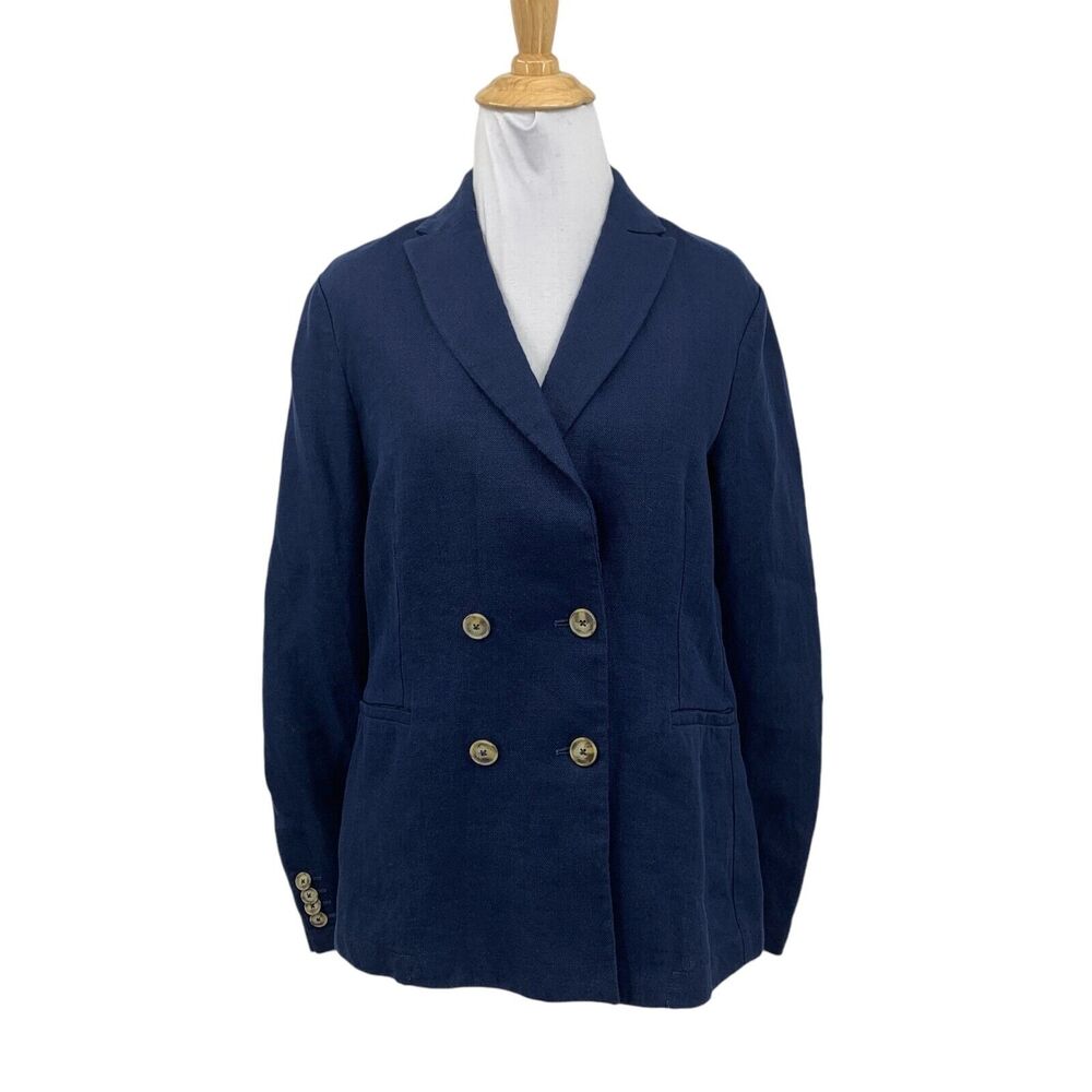 J. McLaughlin Blazer Womens 2 Navy Linen Double Breasted Buttons Lined *READ